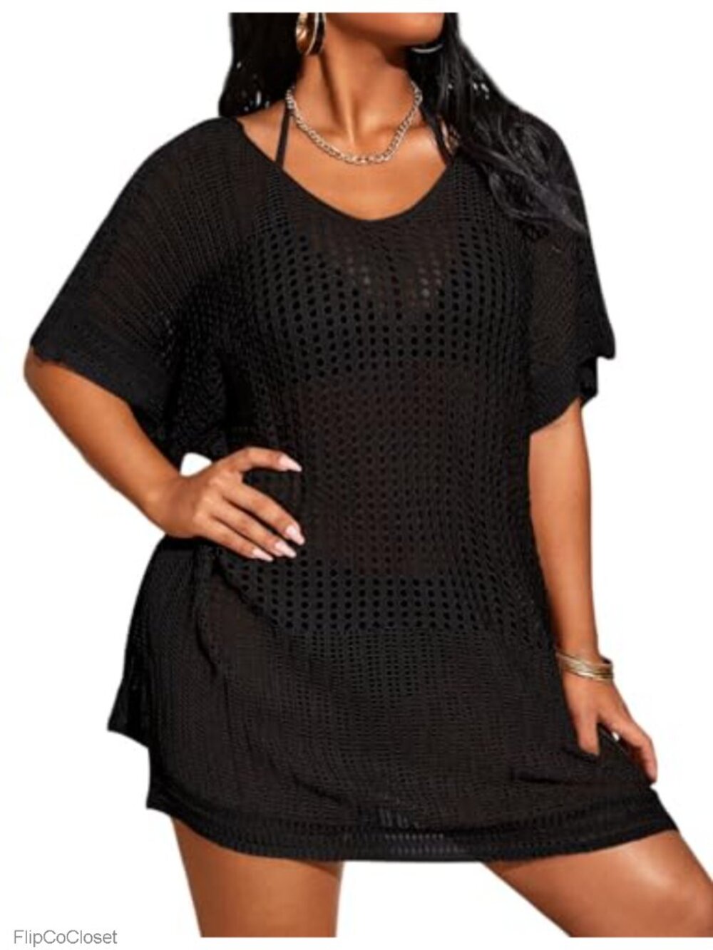Plus Size Hollow Out Knit Swim Cover Up Short Sleeve Beach Coverup